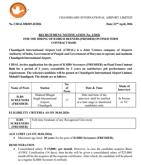 Chandigarh Airport Bharti 2026