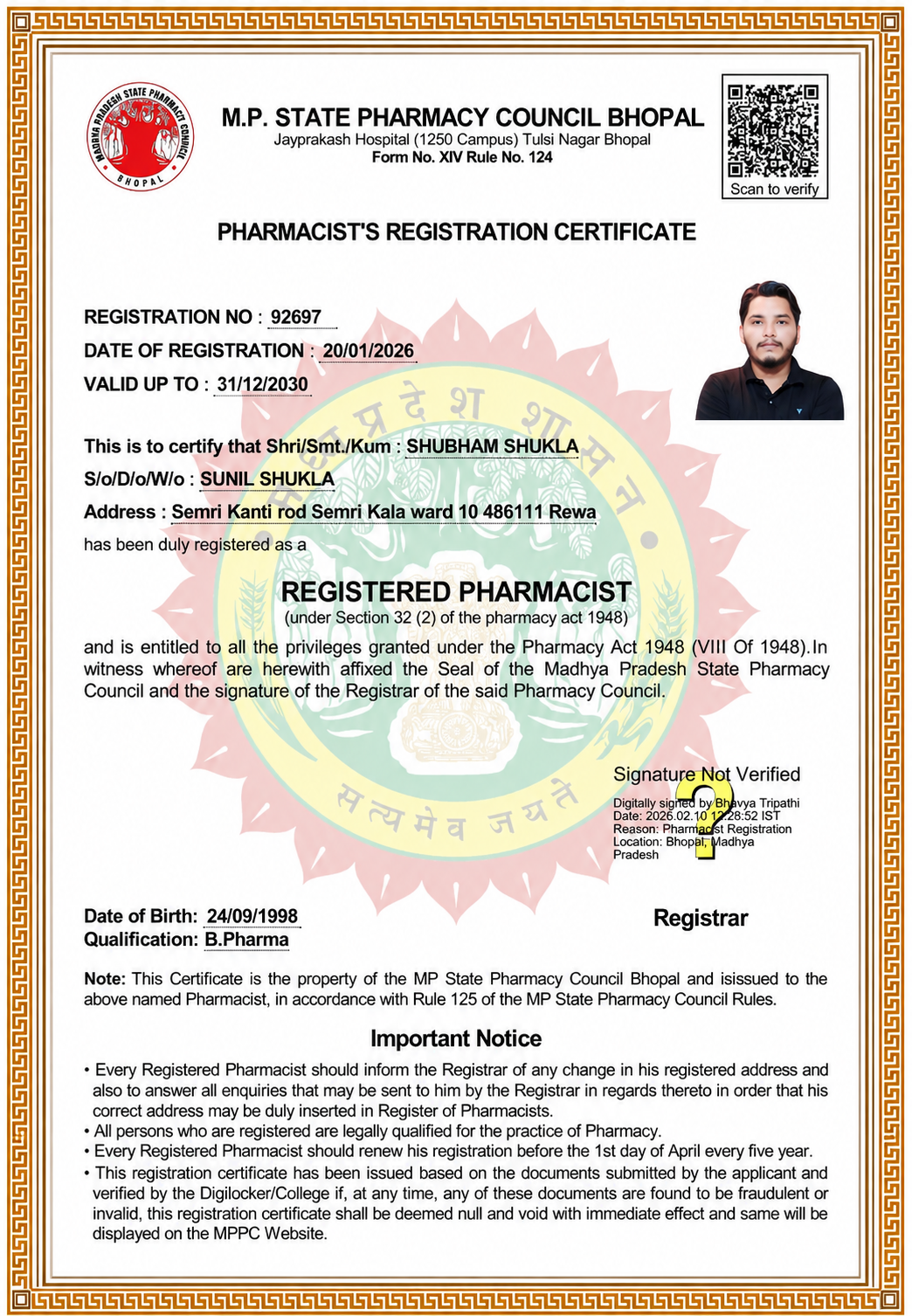 About us Pharmacist Registration Certificate