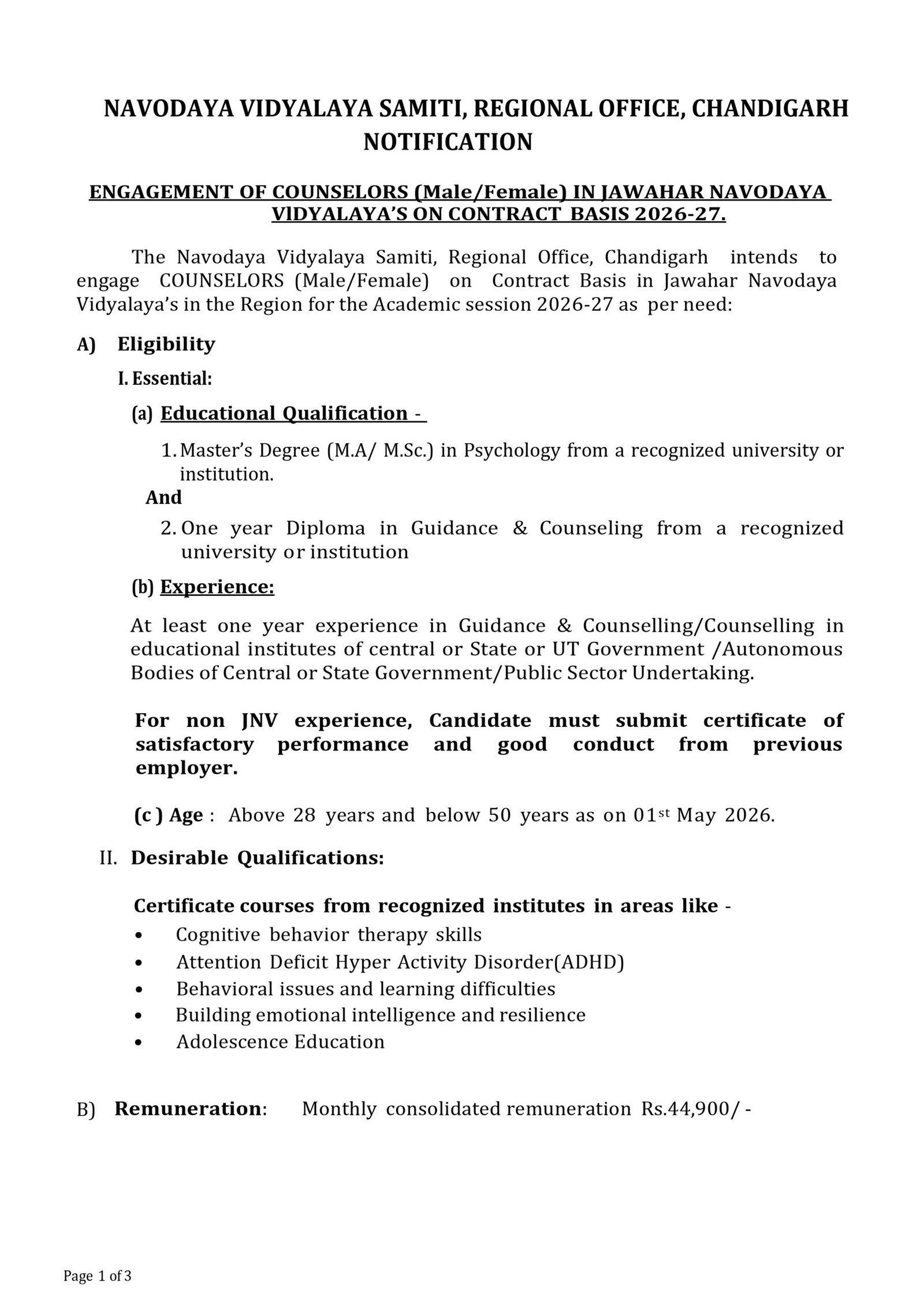 NVS Chandigarh Counselors Recruitment 2026 : Counselor (Male/Female) के पदों पर नोटिफिकेशन जारी NVS Chandigarh Counselors Recruitment
