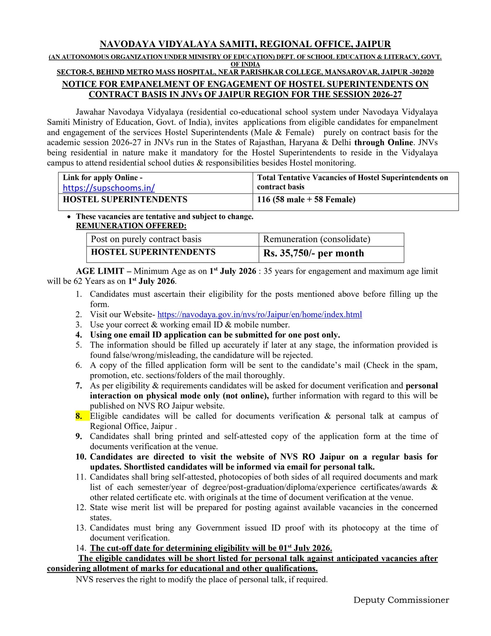 NVS Jaipur Hostel Superintendent Recruitment 2026 : 116 पदों पर नोटिफिकेशन हुआ जारी NVS Jaipur Hostel Superintendent Recruitment