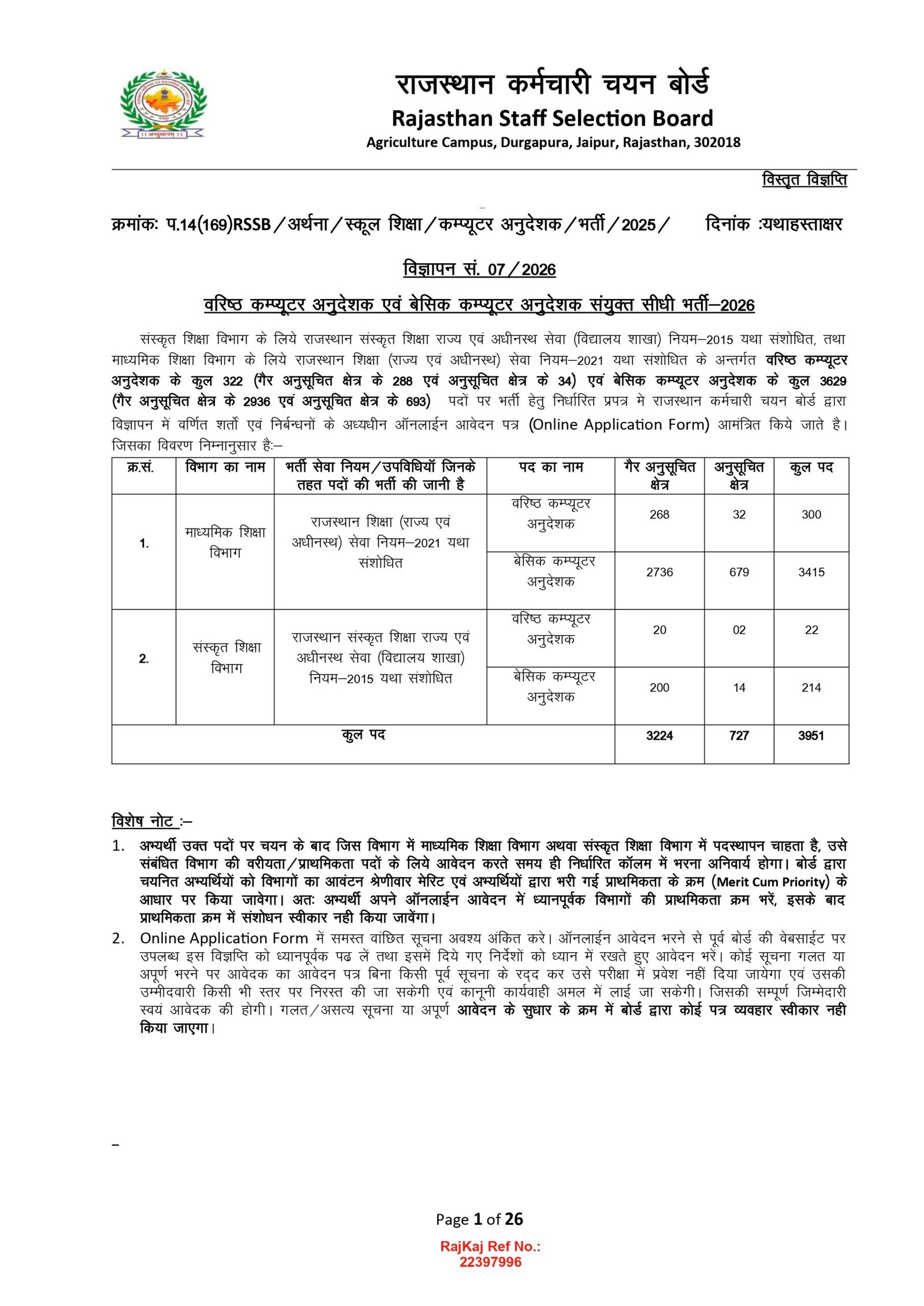 RSSB Computer Instructor Recruitment 2026 : 3951 पदों पर नोटिफिकेशन हुआ जारी RSSB Computer Instructor Recruitment 2026