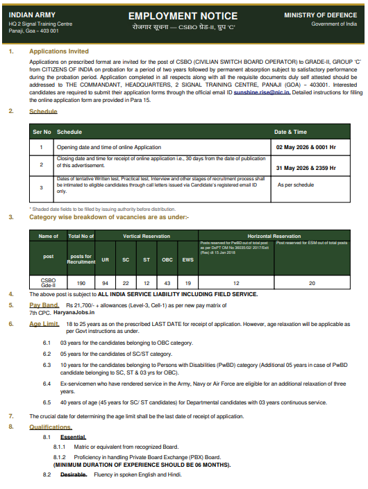 Indian Army CSBO Bharti 2026 : 190 पदों पर नोटिफिकेशन हुआ जारी Indian Army CSBO Bharti 2026