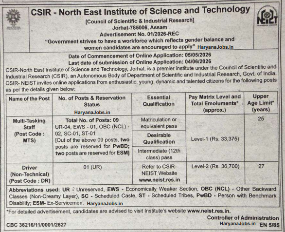 CSIR NEIST Bharti 2026 : MTS और Driver के 10 पदों पर नोटिफिकेशन हुआ जारी CSIR NEIST Bharti 2026
