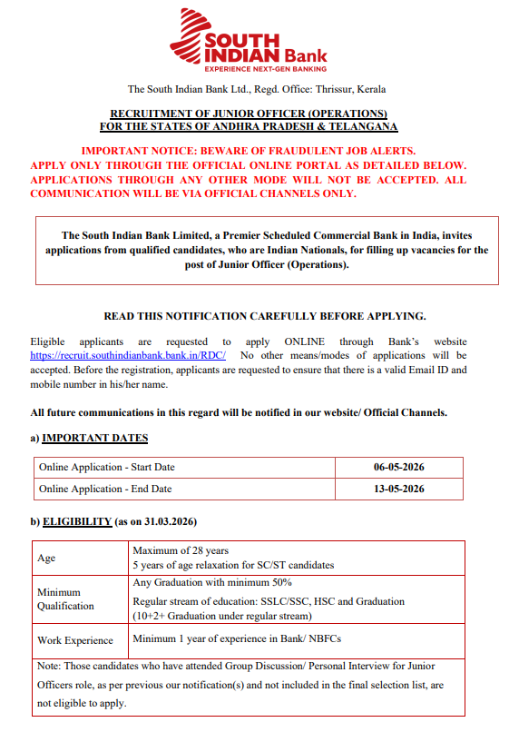 South Indian Bank Bharti 2026 : Junior Officer के पदों पर नोटिफिकेशन हुआ जारी South Indian Bank Bharti 2026