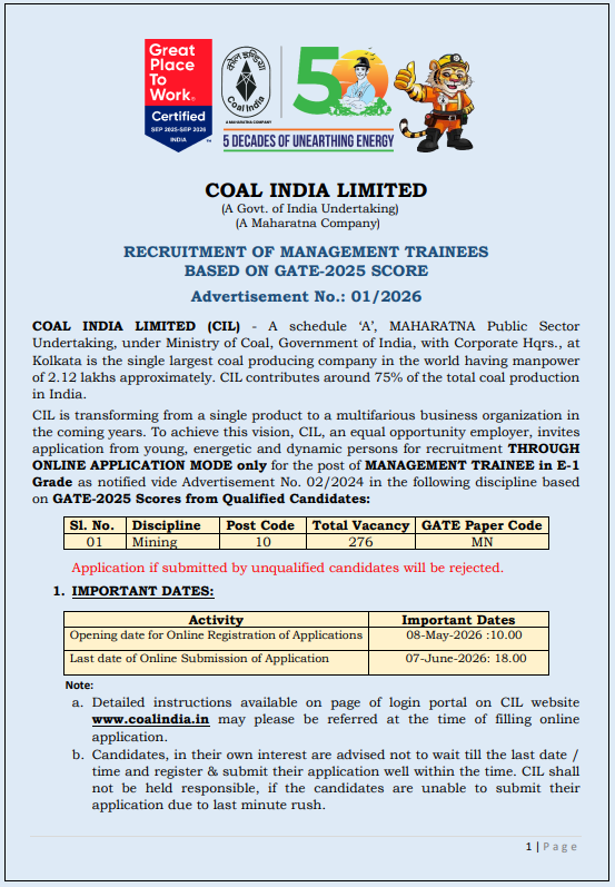 Coal India Mining Bharti 2026