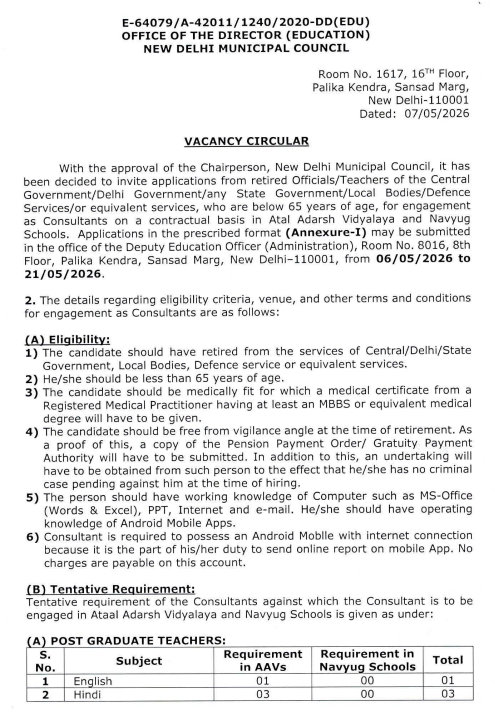NDMC Teaching Bharti 2026 : Teaching & Non-Teaching के 254 पदों पर नोटिफिकेशन हुआ जारी NDMC Teaching Bharti 2026