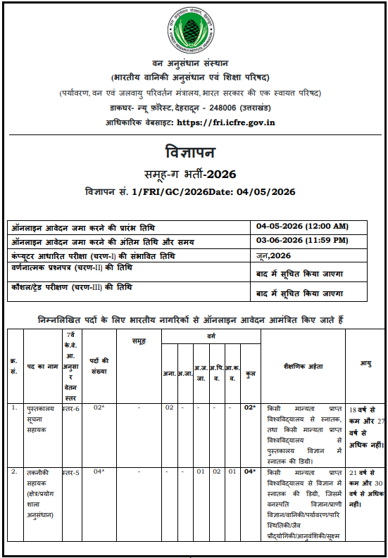 FRI Dehradun Bharti 2026
